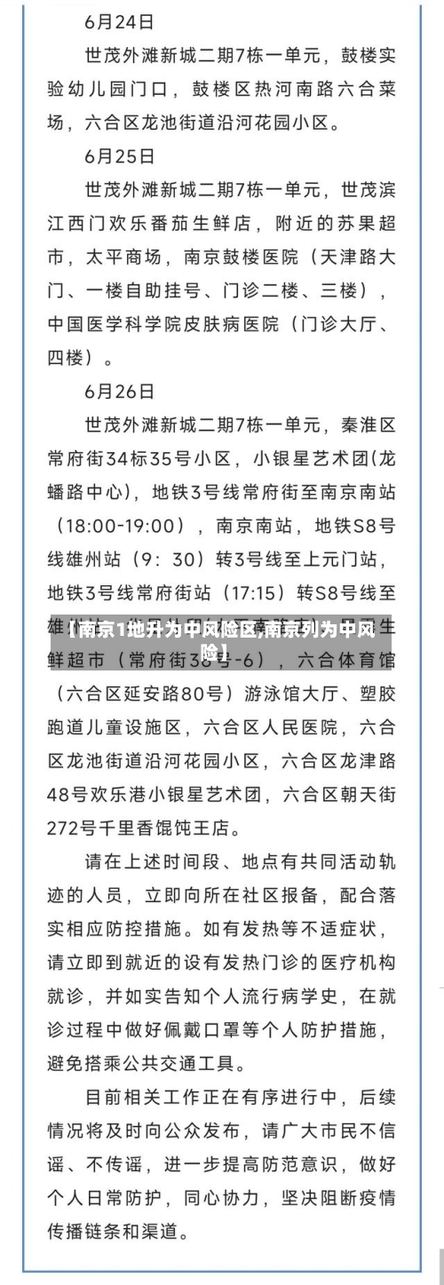 【南京1地升为中风险区,南京列为中风险】