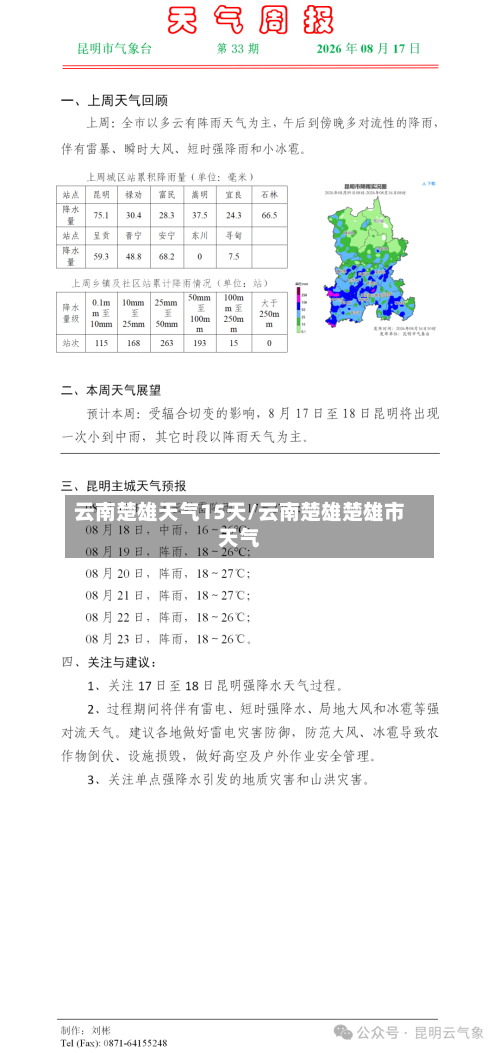 云南楚雄天气15天/云南楚雄楚雄市天气